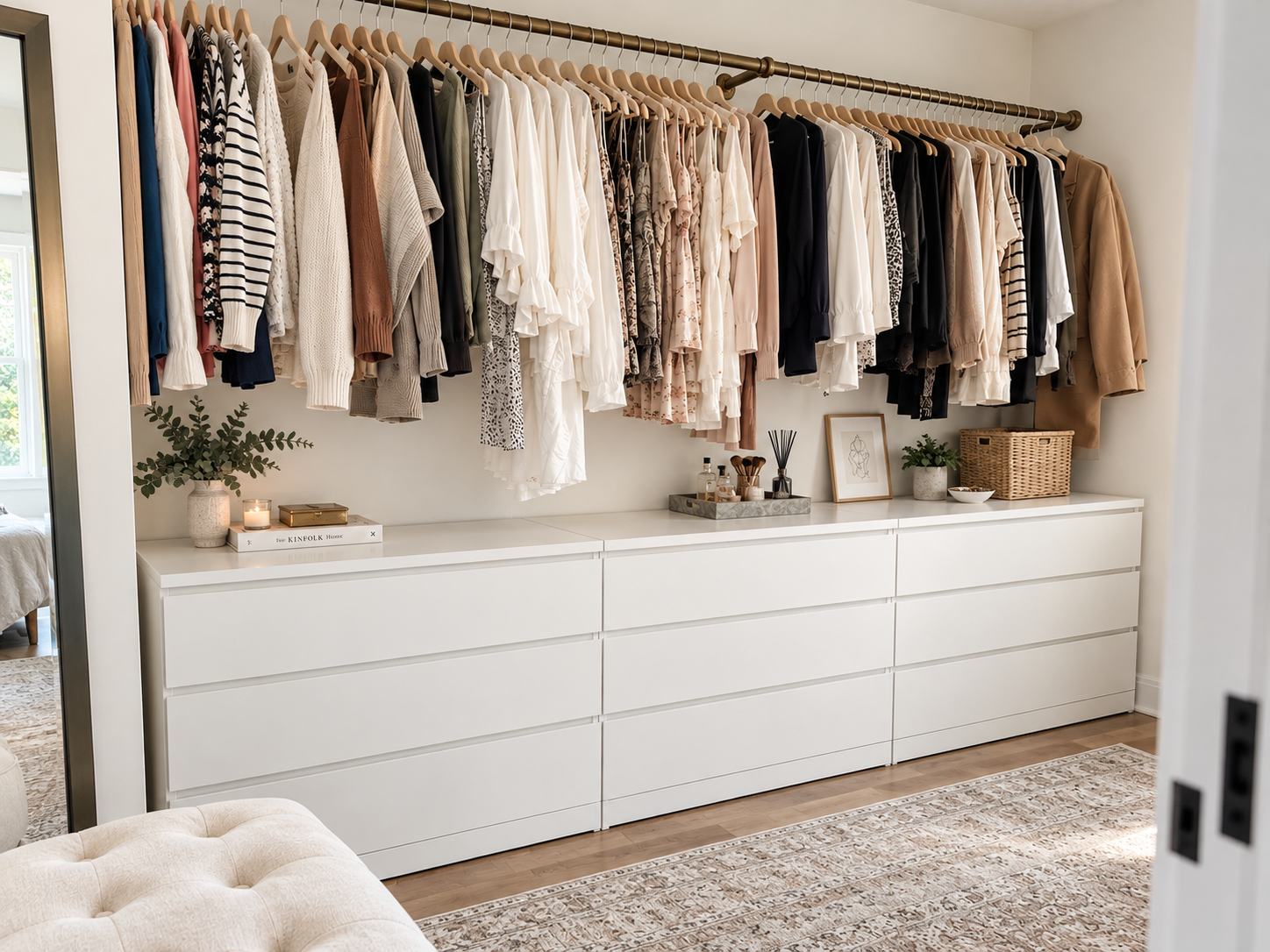 A women's open closet with a rod hanging on the wall and a long dresser below it.